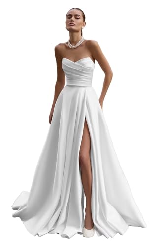 Neejafrog Trägerlose Satin-Hochzeitskleider für die Braut V-Ausschnitt Gerafftes Ballkleid Formeller Abend Party Ballkleider von Neejafrog