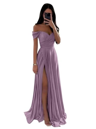 Satin Schulterfreies Brautjungfernkleid für Hochzeit A-Linie Geraffte Lange Formale Partykleider mit Schlitz von Neejafrog