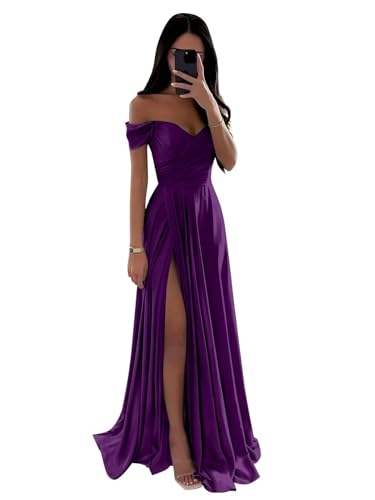 Satin Schulterfreies Brautjungfernkleid für Hochzeit A-Linie Geraffte Lange Formale Partykleider mit Schlitz von Neejafrog