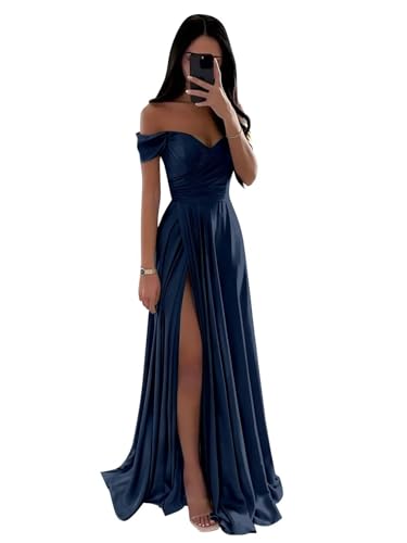 Satin Schulterfreies Brautjungfernkleid für Hochzeit A-Linie Geraffte Lange Formale Partykleider mit Schlitz von Neejafrog