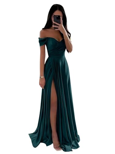 Satin Schulterfreies Brautjungfernkleid für Hochzeit A-Linie Geraffte lange Formale Partykleider mit Schlitz von Neejafrog