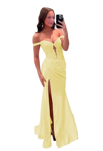 Schulterfreie Satin-Abschlussballkleider Spitzenapplikationen Langes Ballkleid Meerjungfrau Abendkleider mit Schlitz von Neejafrog