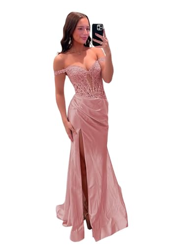 Schulterfreie Satin-Abschlussballkleider Spitzenapplikationen Langes Ballkleid Meerjungfrau Abendkleider mit Schlitz von Neejafrog