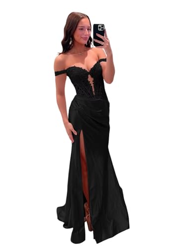 Schulterfreie Satin-Abschlussballkleider Spitzenapplikationen Langes Ballkleid Meerjungfrau Abendkleider mit Schlitz von Neejafrog