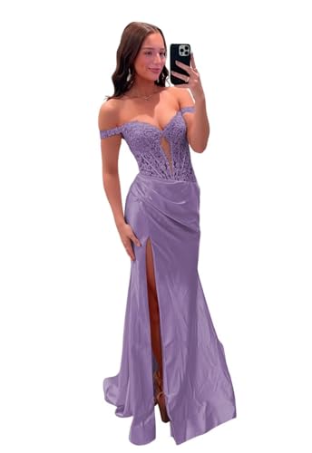 Schulterfreie Satin-Abschlussballkleider Spitzenapplikationen Langes Ballkleid Meerjungfrau Abendkleider mit Schlitz von Neejafrog