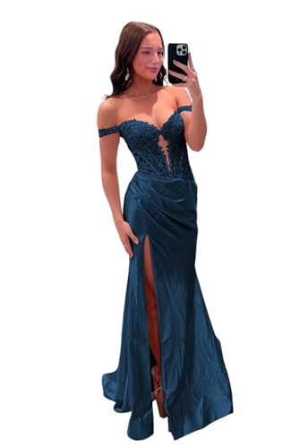 Schulterfreie Satin-Abschlussballkleider Spitzenapplikationen Langes Ballkleid Meerjungfrau Abendkleider mit Schlitz von Neejafrog