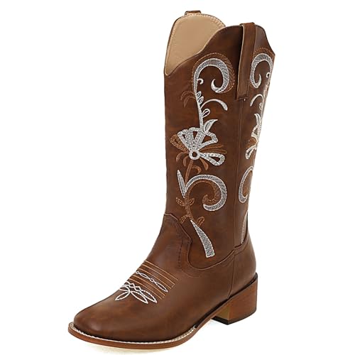 NeelyRisey Damen Bequeme Cowboystiefel Niedriger Absatz Westernstiefel Bestickt Cowgirl Stiefel Pull on Mid Calf Mexikanische Stiefel Braun 37 von NeelyRisey