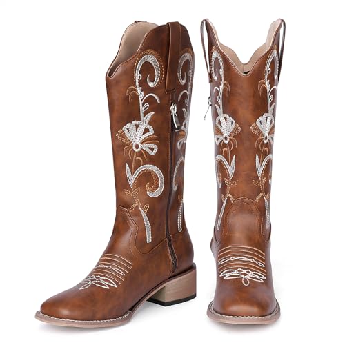 NeelyRisey Damen Bequeme Cowboystiefel Niedriger Absatz Westernstiefel Bestickt Cowgirl Stiefel Pull on Mid Calf Mexikanische Stiefel Braun 42 von NeelyRisey