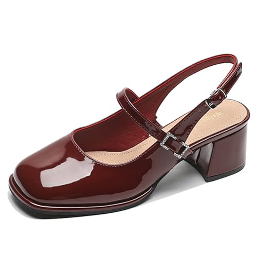 NeelyRisey Damen Blockabsatz Slingpumps Closed Toe Mary Jane mit Absatz Dress Schuhe Slingback Pumps Eckige Zehe Casual Abendschuhe Rotwein 39 von NeelyRisey