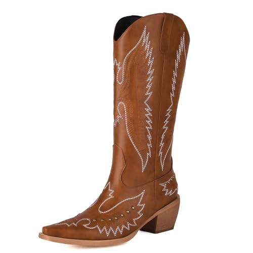 NeelyRisey Damen Klassische Cowboystiefel Pull on Bestickte Cowgirl Stiefel Mittelhoher Absatzs Schwarz Westernstiefel Nieten Cowgirl Stiefel Mid Calf Braun 38 von NeelyRisey