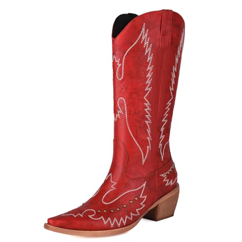 NeelyRisey Damen Klassische Cowboystiefel Pull on Bestickte Cowgirl Stiefel Mittelhoher Absatzs Schwarz Westernstiefel Nieten Cowgirl Stiefel Mid Calf Rot 42 von NeelyRisey