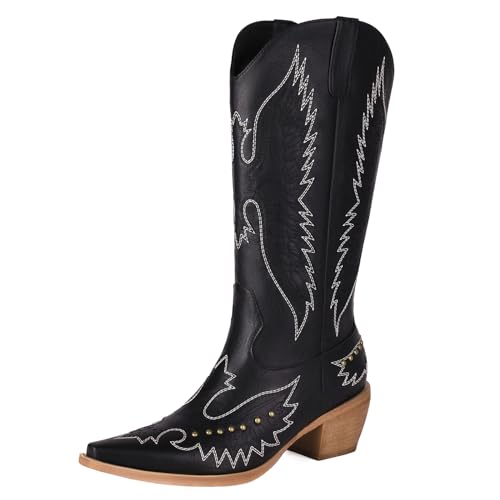 NeelyRisey Damen Klassische Cowboystiefel Pull on Bestickte Cowgirl Stiefel Mittelhoher Absatzs Schwarz Westernstiefel Nieten Cowgirl Stiefel Mid Calf Schwarz 37 von NeelyRisey