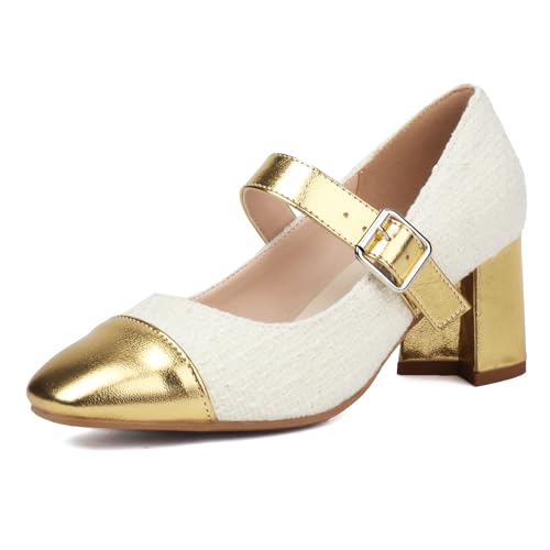 NeelyRisey Damen Mode Mary Jane Schuhe Metallic Blok Absatz Cap Toe Two Tone Party Shoe Knöchelriemchen PatchArbeit Arbeit Buro Pumps Beige Große 48 von NeelyRisey