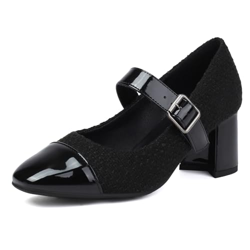 NeelyRisey Damen Mode Mary Jane Schuhe Metallic Blok Absatz Cap Toe Two Tone Party Shoe Knöchelriemchen PatchArbeit Arbeit Buro Pumps Black Große 46 von NeelyRisey