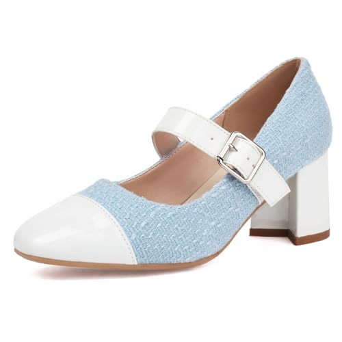 NeelyRisey Damen Mode Mary Jane Schuhe Metallic Blok Absatz Cap Toe Two Tone Party Shoe Knöchelriemchen PatchArbeit Arbeit Buro Pumps Blue Große 36 von NeelyRisey