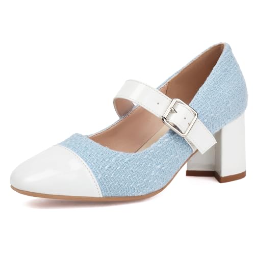 NeelyRisey Damen Mode Mary Jane Schuhe Metallic Blok Absatz Cap Toe Two Tone Party Shoe Knöchelriemchen PatchArbeit Arbeit Buro Pumps Blue Große 42 von NeelyRisey