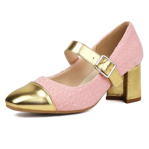 NeelyRisey Damen Mode Mary Jane Schuhe Metallic Blok Absatz Cap Toe Two Tone Party Shoe Knöchelriemchen PatchArbeit Arbeit Buro Pumps Pink Große 44 von NeelyRisey