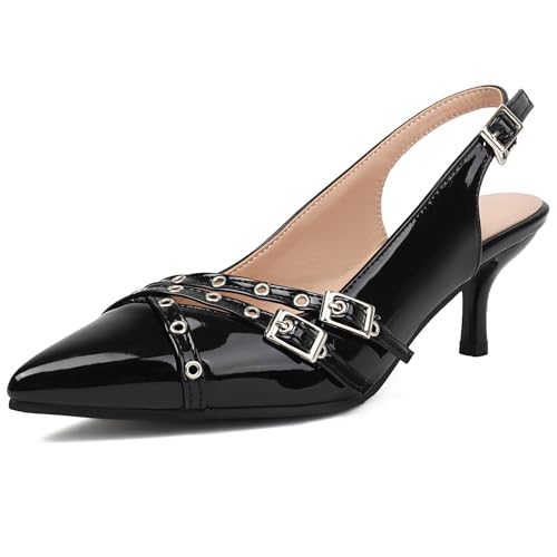 NeelyRisey Damen Slingback Kitten Heel Pumps Studded Schnalle Sandalen Mid Heel Mit Studs Pointed Toe Kleid Schuhe Black Große 34 von NeelyRisey