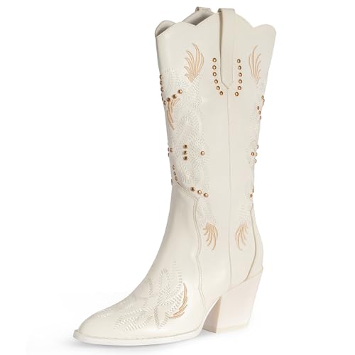 NeelyRisey Damen Western Cowboy Stiefel EmbroideRot Spitze Zehen Cowgirl Stiefel Vintage Blockabsatz Side Reißverschluss von NeelyRisey