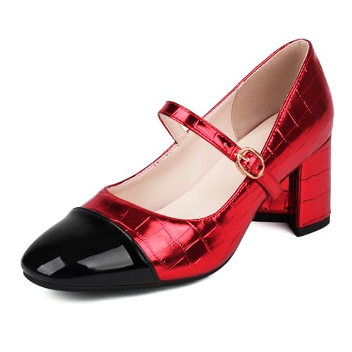 NeelyRisey Mary Jane Schuhe Damen Silber Metalllisch Pumps Cap Toe Blockabsatz Dress Pumps Zweifarbig Crocodile Vintage Schuhe Rot 46 von NeelyRisey