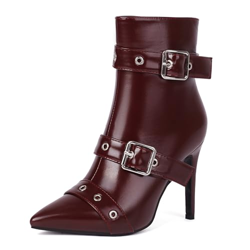 NeelyRisey Stiefeletten Damen Stiletto Spitze Zehen Stiefeletten Rotwein High Heels Ankle Boots Kleid Claret 39 von NeelyRisey