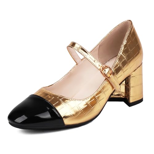 NeelyRisey Mary Jane Schuhe Damen Silber Metalllisch Pumps Cap Toe Blockabsatz Dress Pumps Zweifarbig Crocodile Vintage Schuhe Gold 37 von NeelyRisey