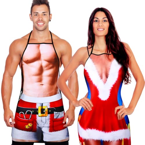 2 Stück Lustige Geschenke Set für Herren Damen Neuheit Grillschürze Muskel Kochschürzen Verstellbar Wasserdicht Küchenschürze für Weihnachten BBQ Party Erwachsene Paare (Weihnachtsmann) von Neer