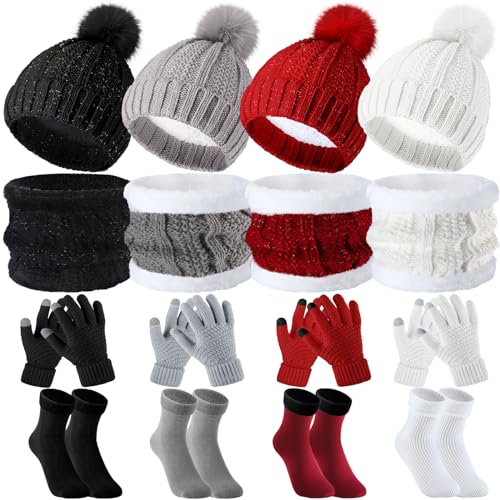 4 Sets Damen Winter Beanie Bommelmütze Schal Touchscreen Handschuhe Socke Warm Strick Set für Mädchen (Mehrfarbig, Normal) von Neer