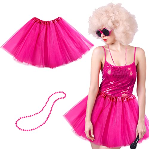 80er Jahre Kostüm Set mit Damen Tüllrock Mehrschichtig Ballett 80er Tutu Rock Rosa Neon Halskette Kunststoff Perlenkette von Neer