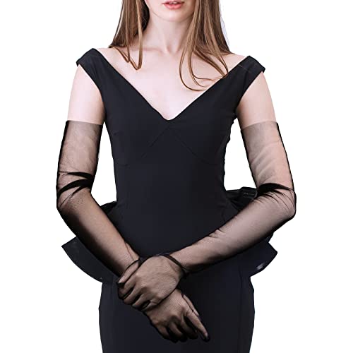 Neer Damen Opera Halb Transparent Tüll Braut Handschuhe (Schwarz, 28 Zoll) von Neer