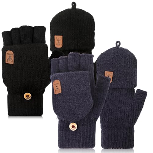 Neer 2 Paar Damen Fingerlos Handschuhe mit Kappe Halbfinger Fäustlinge Warm Winterhandschuhe (Klassisch Schwarz, Dunkelblau) von Neer