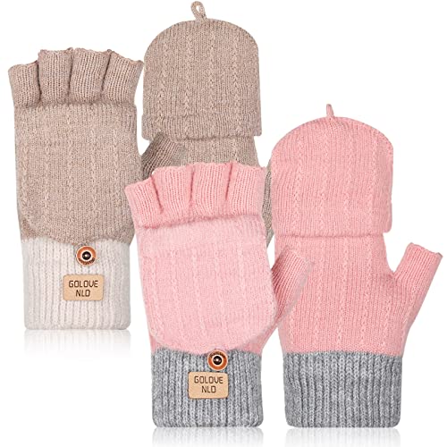 Neer 2 Paar Damen Fingerlos Handschuhe mit Kappe Strick Thermo Halbfinger Fäustlinge Frauen Warm Winterhandschuhe (Khaki, Rosa) von Neer