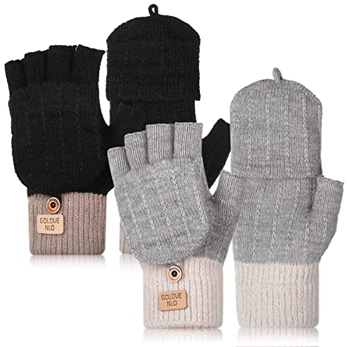 Neer 2 Paar Damen Fingerlos Handschuhe mit Kappe Strick Halbfinger Fäustlinge Warm Winterhandschuhe (Schwarz, Grau) von Neer