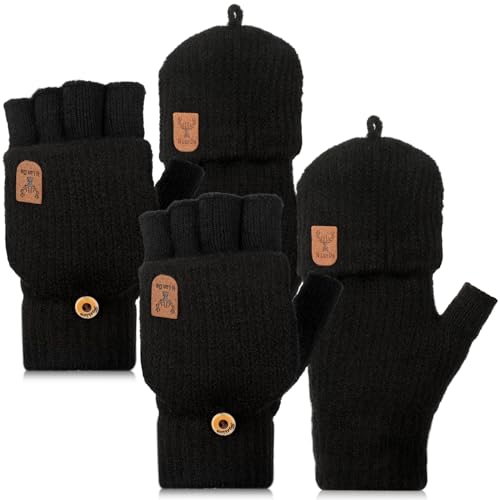 Neer 2 Paar Damen Fingerlos Handschuhe mit Kappe Strick Halbfinger Fäustlinge Warm Winterhandschuhe (Pechschwarz) von Neer