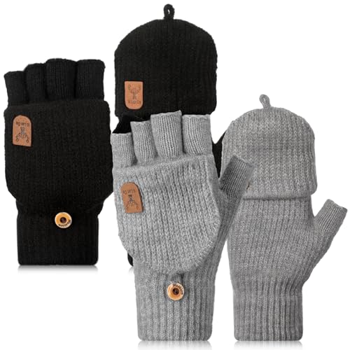 Neer 2 Paar Damen Fingerlos Handschuhe mit Kappe Strick Halbfinger Fäustlinge Warm Winterhandschuhe (Klassisch Schwarz und Grau) von Neer