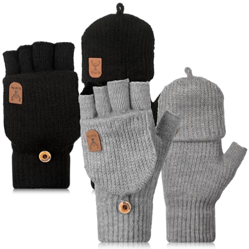 Neer 2 Paar Damen Fingerlos Handschuhe mit Kappe Strick Halbfinger Fäustlinge Warm Winterhandschuhe (Klassisch Schwarz und Grau) von Neer
