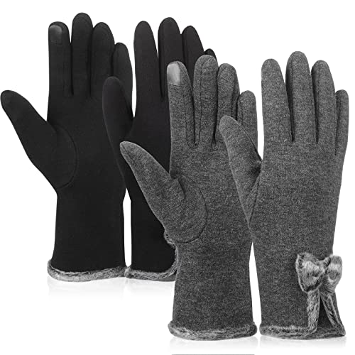 Neer 2 Paar Winter Handschuhe mit Schleife Thermo Touchscreen Handschuhe Vollfinger Fahrhandschuhe für Frauen, Schwarz und Grau von Neer
