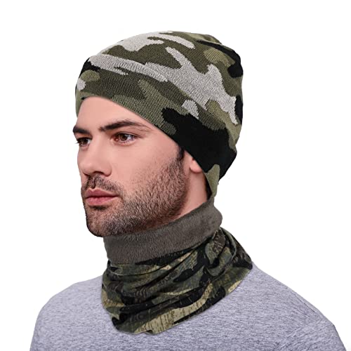 2 Stück Winter Camouflage Mütze und Halswärmer Set Grün Schwarz Grau Gestrickte Camo Mütze Halsmanschette für Männer Frauen von Neer