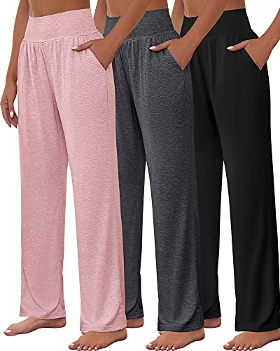 Neer 3 Stück Damen Weites Bein Yogahosen Bequeme Lockere Jogginghose mit Hoher Taille Lounge Hose mit Taschen Arbeit Sporthosen (Schwarz, Dunkelgrau, Rosa, S) von Neer