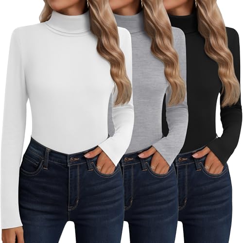 Neer 3er Pack Damen Rollkragen Baumwolle Langarm Ärmeln Thermo Unterwäsche Basisschicht Herbst Winter Shirts Pullover(Schwarz, Hellgrau, Weiß,L) von Neer