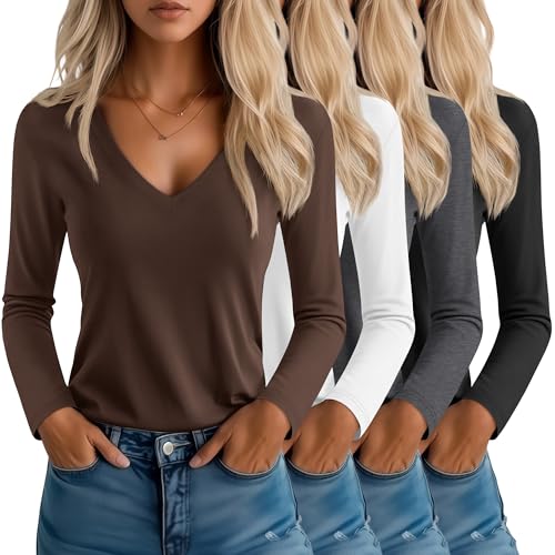 Neer 4er-Pack Damen-T-Shirts mit V-Ausschnitt, Langen Ärmeln, Lässige Oberteile, Lockere Passform, Basic Gerader Saum Tees(Schwarz, Braun, Dunkelgrau, Weiß,XL) von Neer