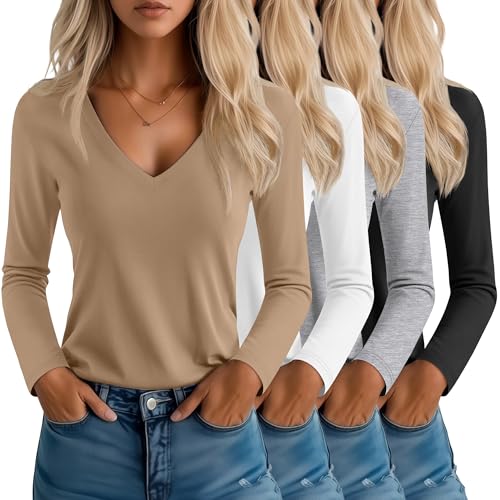 Neer 4er-Pack Damen-T-Shirts mit V-Ausschnitt, Langen Ärmeln, Lässige Oberteile, Lockere Passform, Basic Gerader Saum Tees(Schwarz, Weiß, Hellgrau, Khaki,L) von Neer