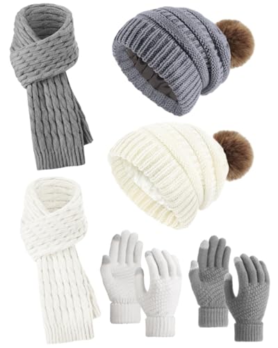 Neer 6 Stück Winter Mütze Schal Handschuhe Set Fleece Gefütterte Bommelmütze Strickschal Kopfbedeckung (Weiß, Grau) von Neer