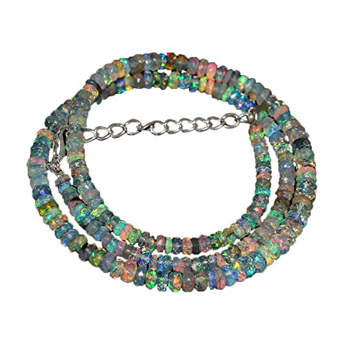 925 Sterling Silber 4 mm bis 5 mm natürliche äthiopische Welo Feueropal facettierte Rondelle Edelstein Perlen Halskette für Frauen | AAA-Qualität Opal perlen | 18-Zoll-Opal-Halskette | Opalschmuck von Neerupam Collection