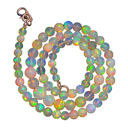 925 Sterling Silber 4 mm bis 5 mm natürlicher äthiopischer Welo Feueropal glatte runde Edelsteinperlen Halskette für Frauen | Opalperlen in AAA-Qualität | 18-Zoll-Opal-Halskette | Opalschmuck von Neerupam Collection