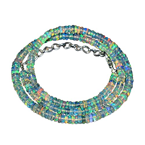 925 Sterling Silber 5 mm bis 7 mm natürliche äthiopische Welo Feueropal glatte Rondelle Edelstein Perlen Halskette für Frauen | AAA-Qualität Opal perlen | 18-Zoll-Opal-Halskette | Opalschmuck von Neerupam Collection