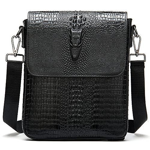 Nefli Herren Echtleder Messenger Bag Krokodil Geprägt Kleine Crossbody Bag Klassisch Klappe Umhängetasche Lässige Schultertasche für Business Arbeit Schule Schwarz von Nefli