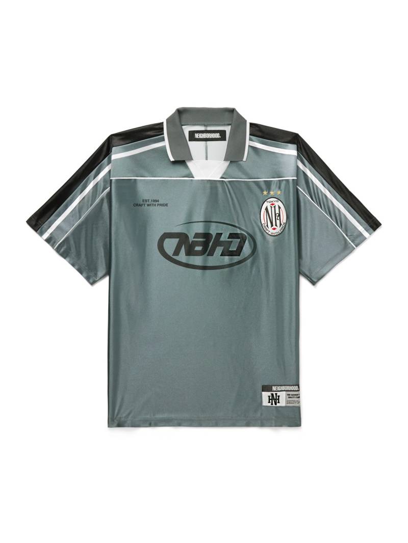 Neighborhood - Game Appliquéd Logo-Print Striped Satin Polo Shirt - Men - Gray - M von Neighborhood