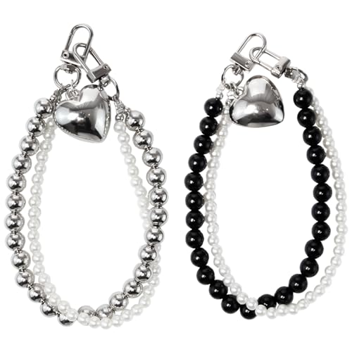 Neikafan 2 Stück Schlüsselanhänger Perlen Schlüsselanhänger Doppelte Kette Y2K Schlüsselanhänger Imitation Pearl Herz Anhänger Taschenanhänger Keychain für Autoschlüssel Taschen Backpack von Neikafan