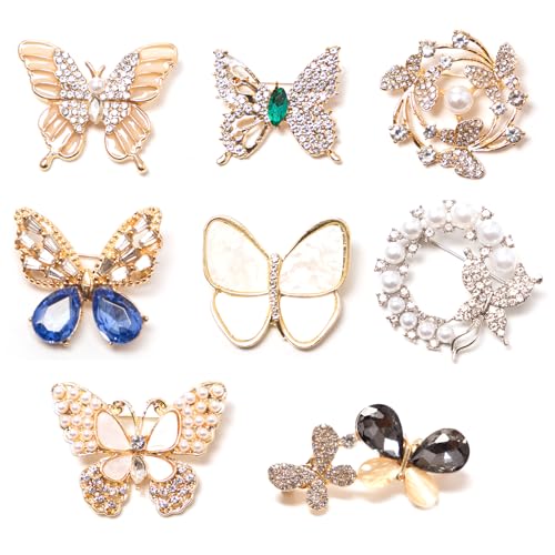 Neikafan 8 Stück Schmetterling Brosche Broschen für Damen Strass Perlen Broschennadeln Schmetterlinge Brosche Gold Pins Instant Knöpfe für Kleidung Clip Abzeichen für Schal Mantel Kleidung von Neikafan